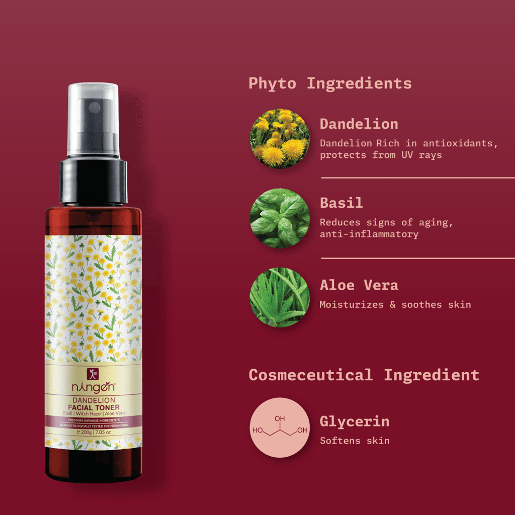 Ningen Dandelion Facial Toner I Enriched with Basil, Witch Hazel, Aloe Vera I Irritation Free, Paraben Free I Removes Excess Oil, Fine lines, Wrinkles I 200g
