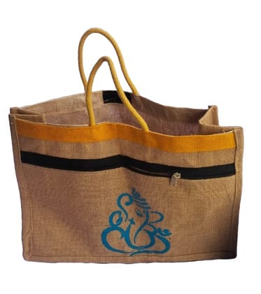 Eco-Friendly Jute Ganesha Print Shopping Bag with Zipper & Yellow Stripe
