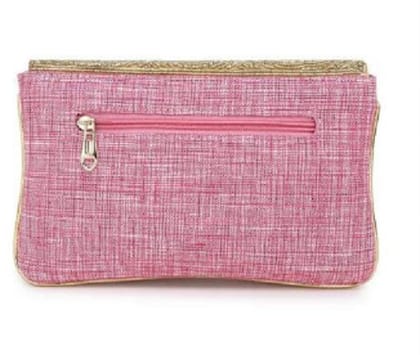Elegant Pink Textured Clutch Pouch with Zipper and Golden Trim for Women
