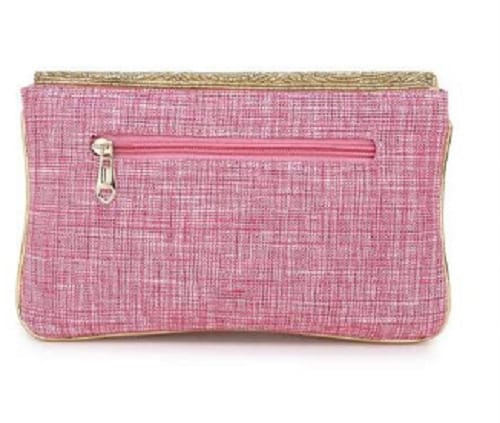 Elegant Pink Textured Clutch Pouch with Zipper and Golden Trim for Women