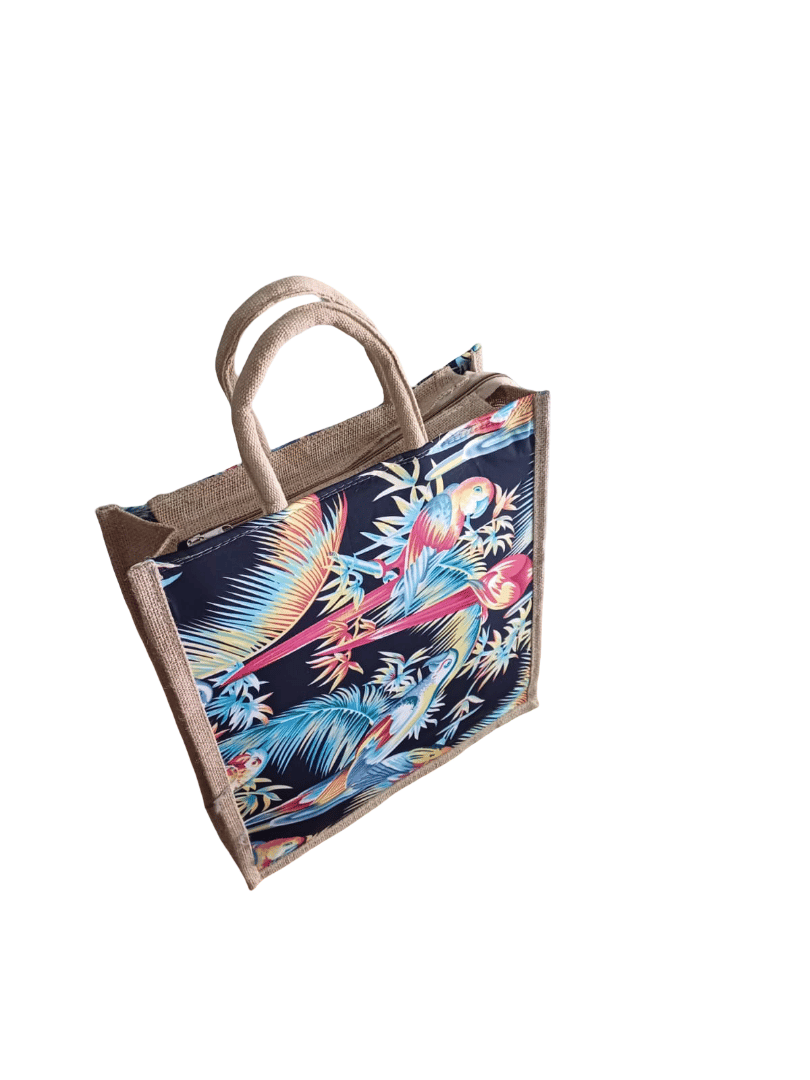 Jute Parrot Print Tote Bag with Canvas Panels - Stylish & Reusable