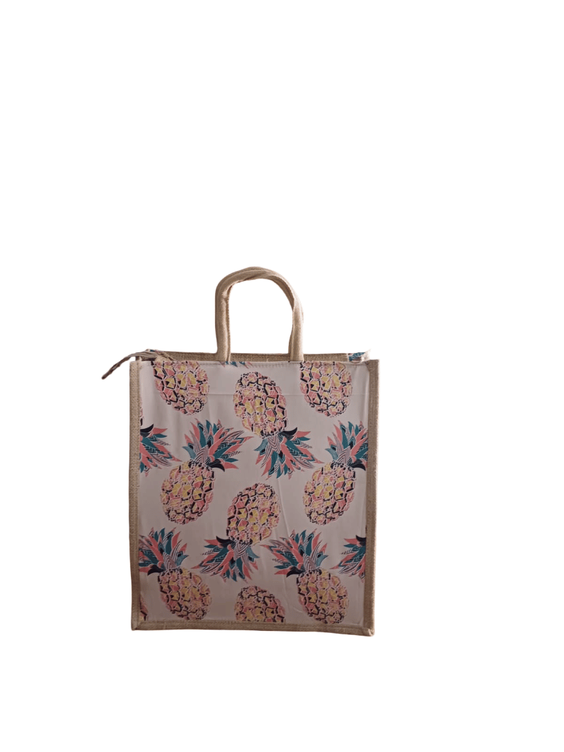 Chic Pineapple Print Jute Tote Bag with Zipper Closure