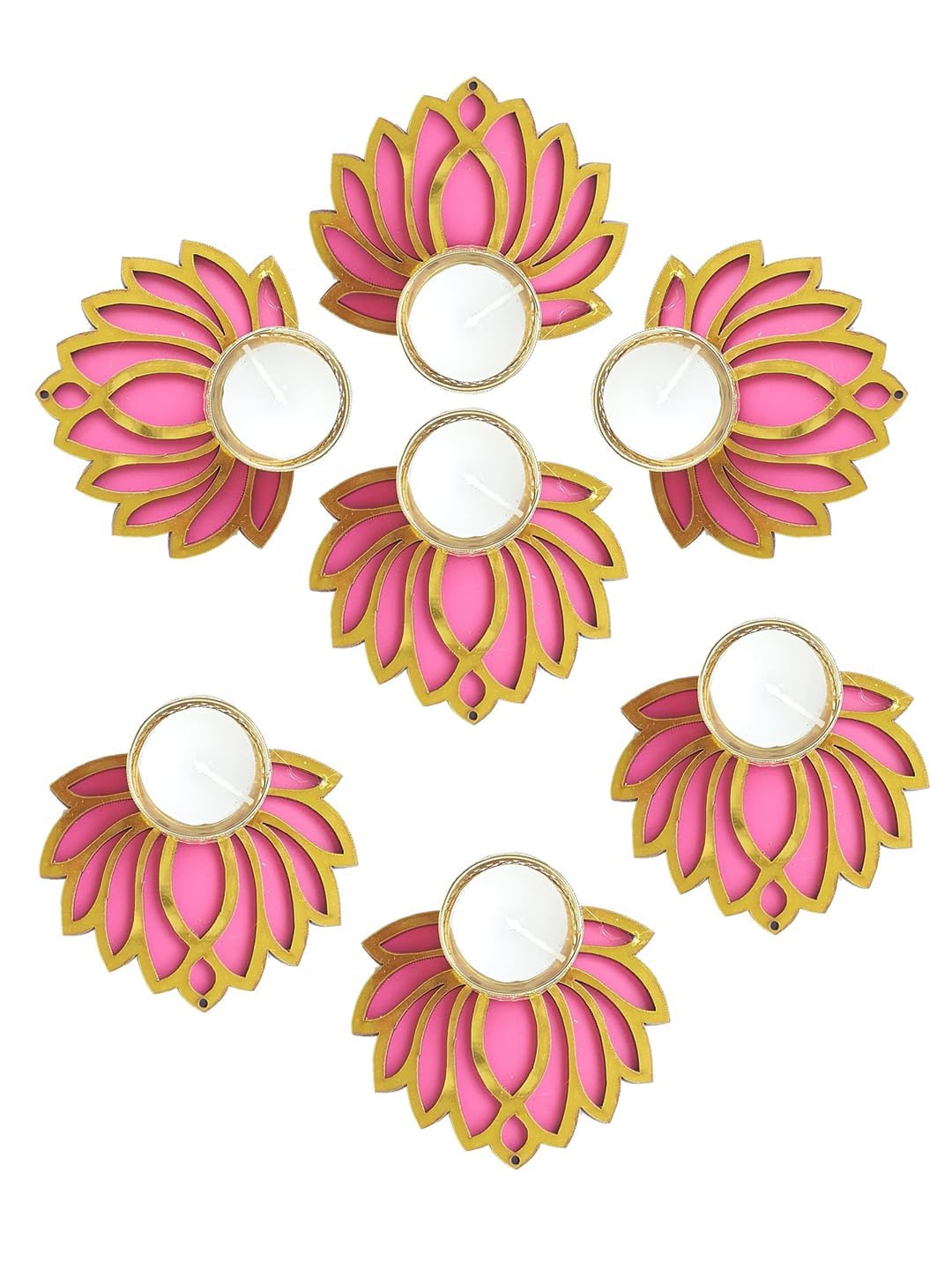 Pink and Gold Lotus Tealight Candle Holders - Set of 7 for Festive Decor
