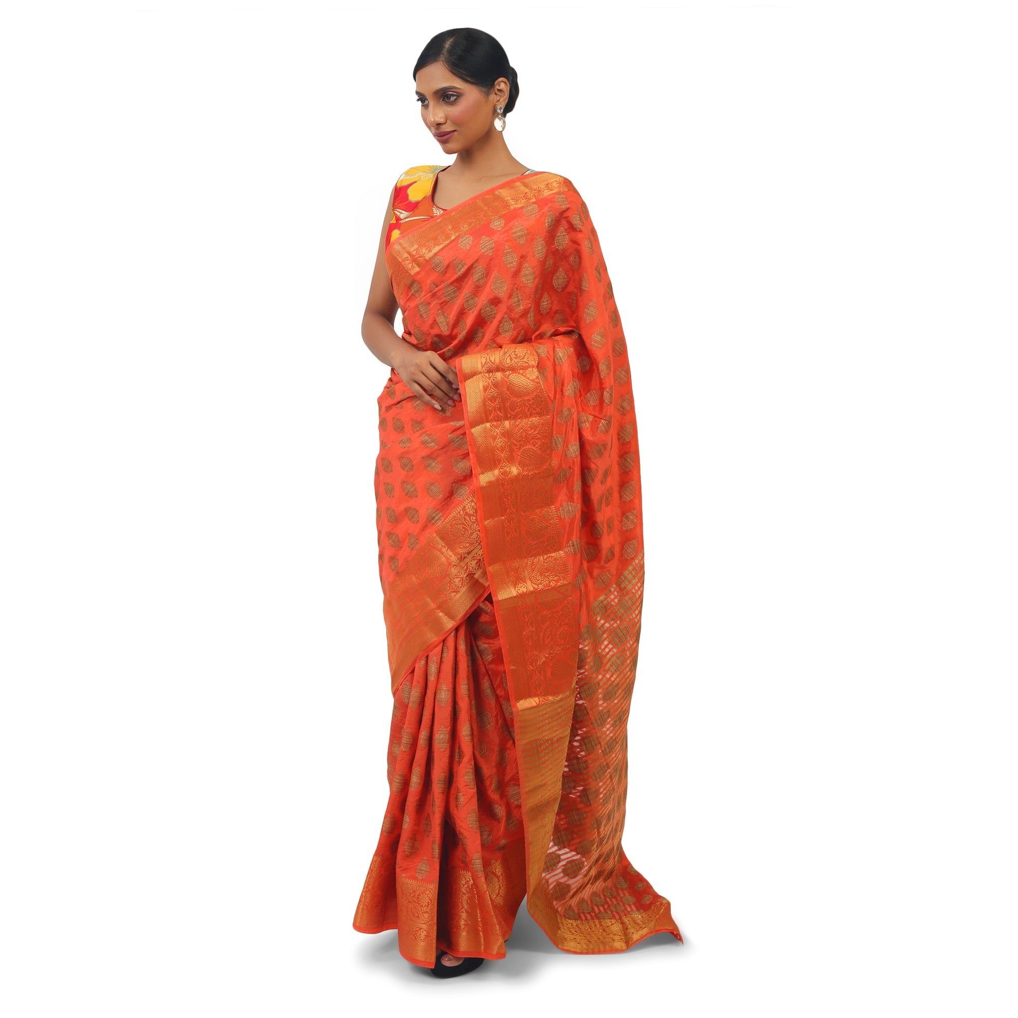 TheHangr Art Silk Orange Saree With Golden Work