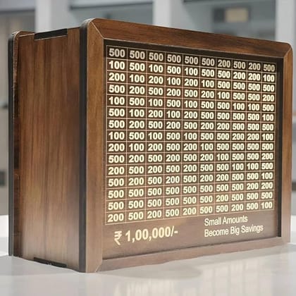 Wooden Money Box with ₹1,00,000 Savings Challenge Goal