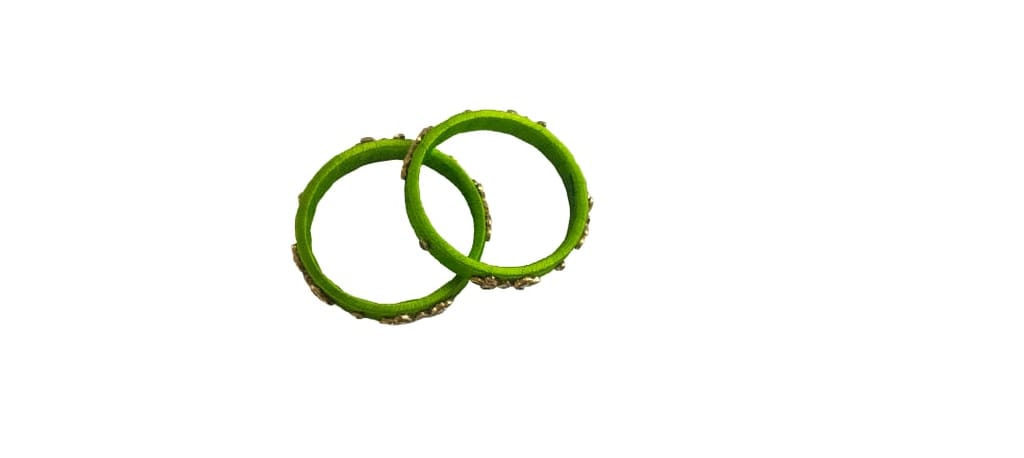 Vibrant Green Thread Work Bangles with Embellishments (Pair)