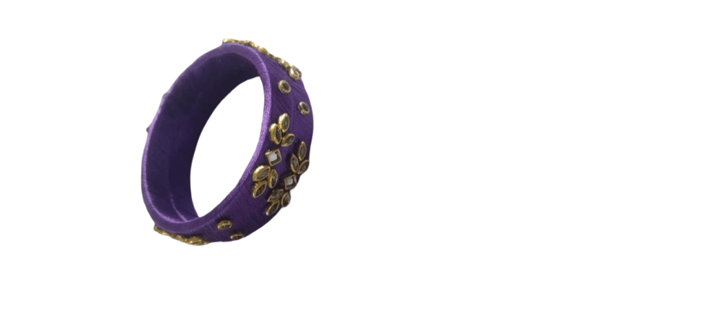 Purple Silk Thread Bangle with Golden Leaf Design & White Stones