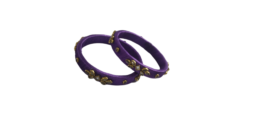 Purple Silk Thread Bangle with Golden Leaf Design & White Stones