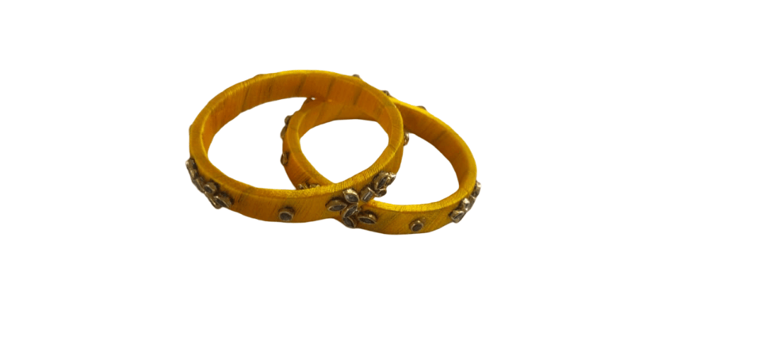 Elegant Yellow Silk Thread Bangle Set with Stone Embellishments