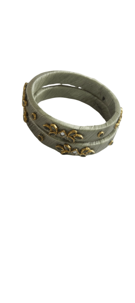 Sage Green Thread Bangle Set with Gold & Kundan Embellishments
