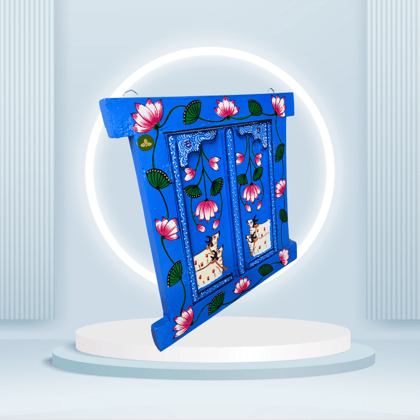 Hand Painted Pichwai Art Wooden Blue Color Jharokha With Door