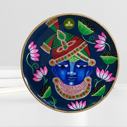 Hand Painted Wooden Shreenathji Mukharvind Pichwai Art Blue Color Wall Plate With Resin Layer