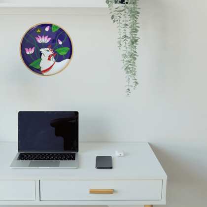 Hand Painted Wooden Kamdhenu Cow Pichwai Art Blue Color Wall Plate With Resin Layer