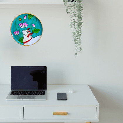 Hand Painted Wooden Kamdhenu Cow Pichwai Art Sky Blue Color Wall Plate With Resin Layer