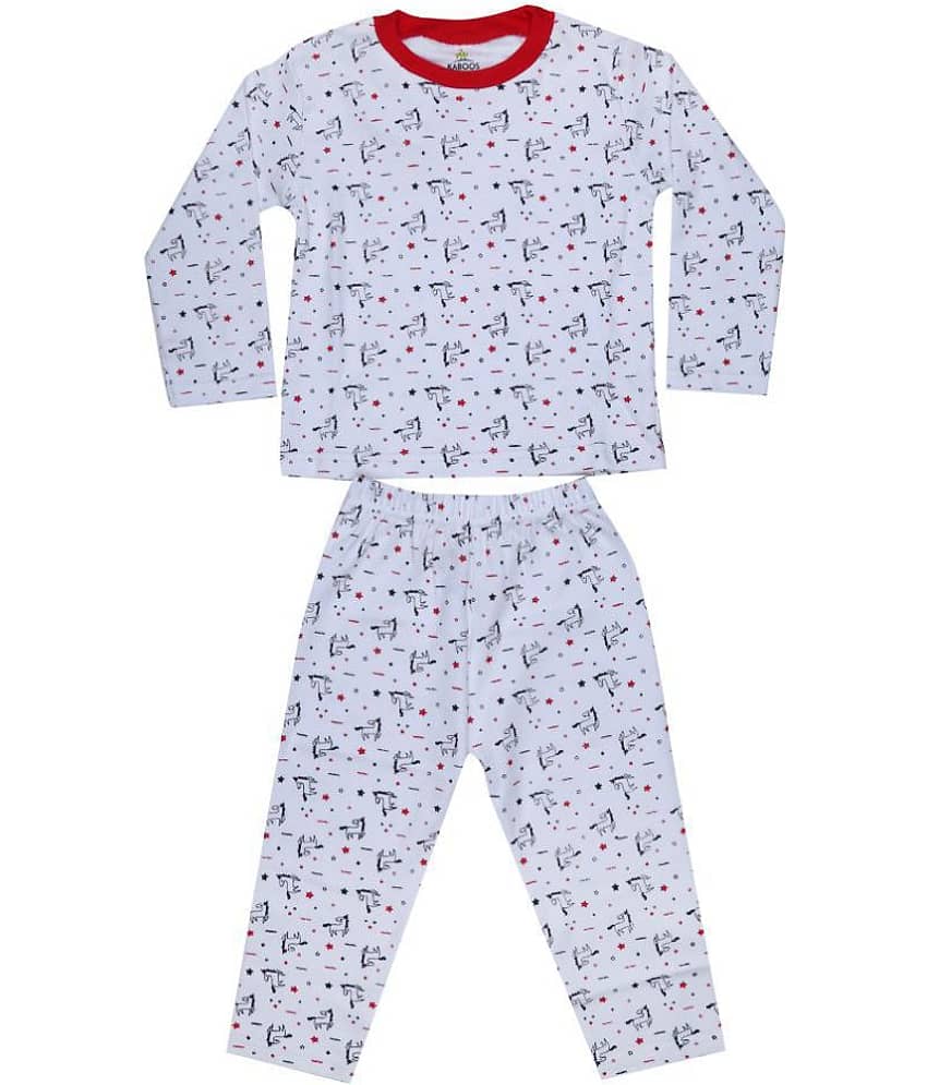 KABOOS Pack of 1 Boys 100% Cotton Nightsuit Set ( White )