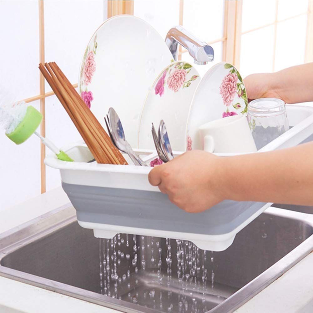 Collapsible Folding Silicone Dish Drying Drainer Rack with Spoon Fork Storage Holder