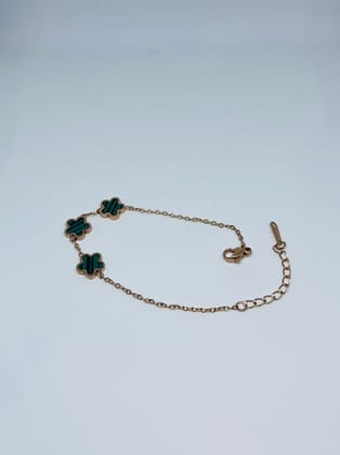 Gold Plated Clover Charm Bracelet with Green Inlay - Adjustable Chain