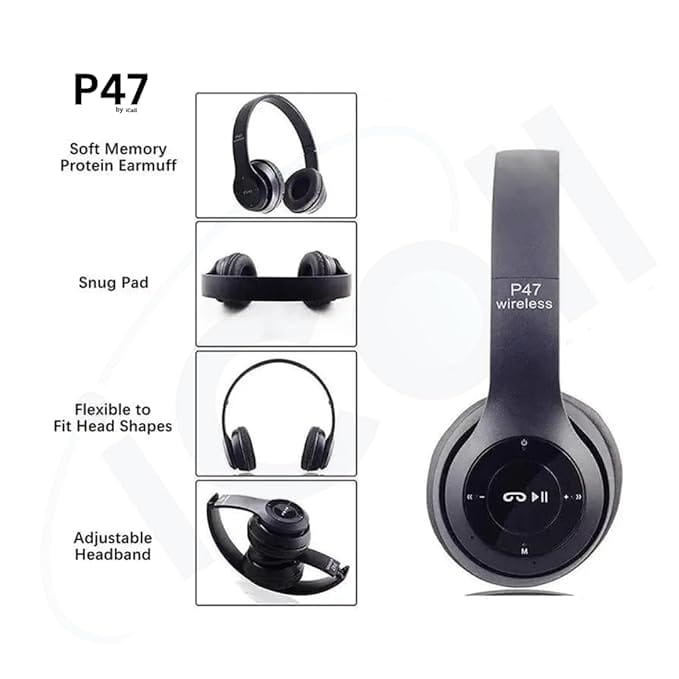 P47 Wireless/Bluetooth Over Ear Headphone With Sd Card Slot Bluetooth Headset (Multi Colour)