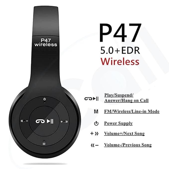 P47 Wireless/Bluetooth Over Ear Headphone With Sd Card Slot Bluetooth Headset (Multi Colour)