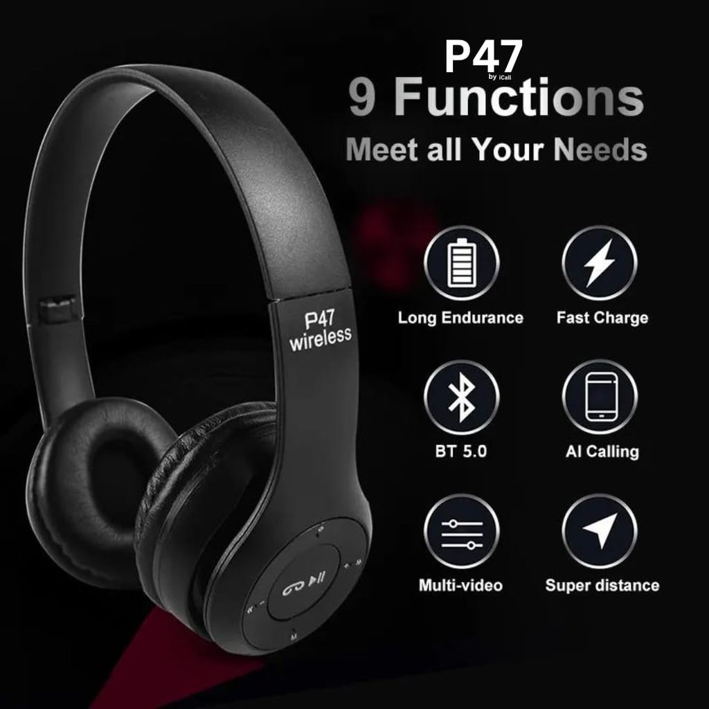 P47 Wireless/Bluetooth Over Ear Headphone With Sd Card Slot Bluetooth Headset (Multi Colour)