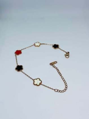 Gold Plated Clover Charm Bracelet with Red, Black & White Enamel Accents