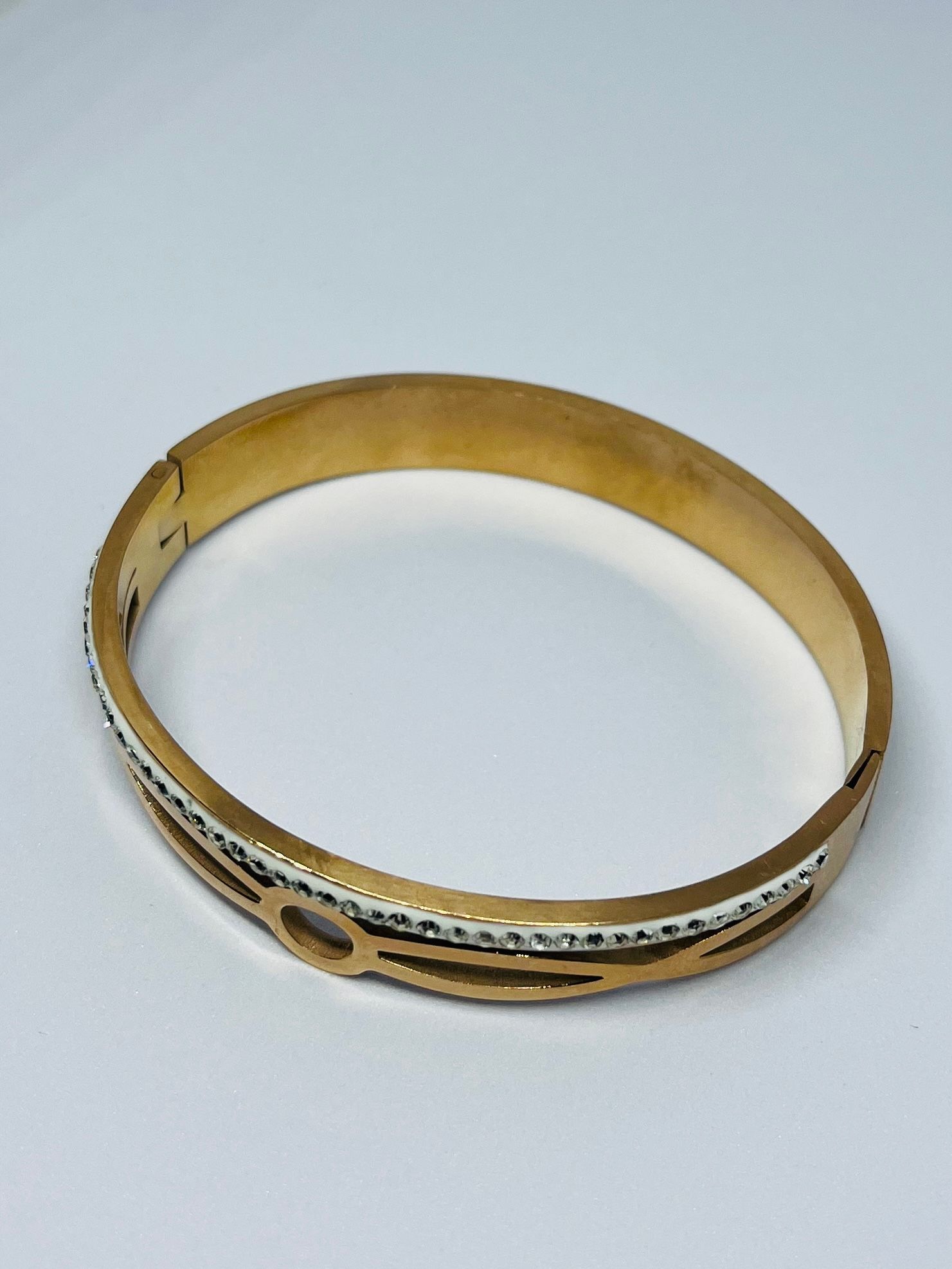 Gold-Plated Crystal Embellished Open-Work Bangle Bracelet