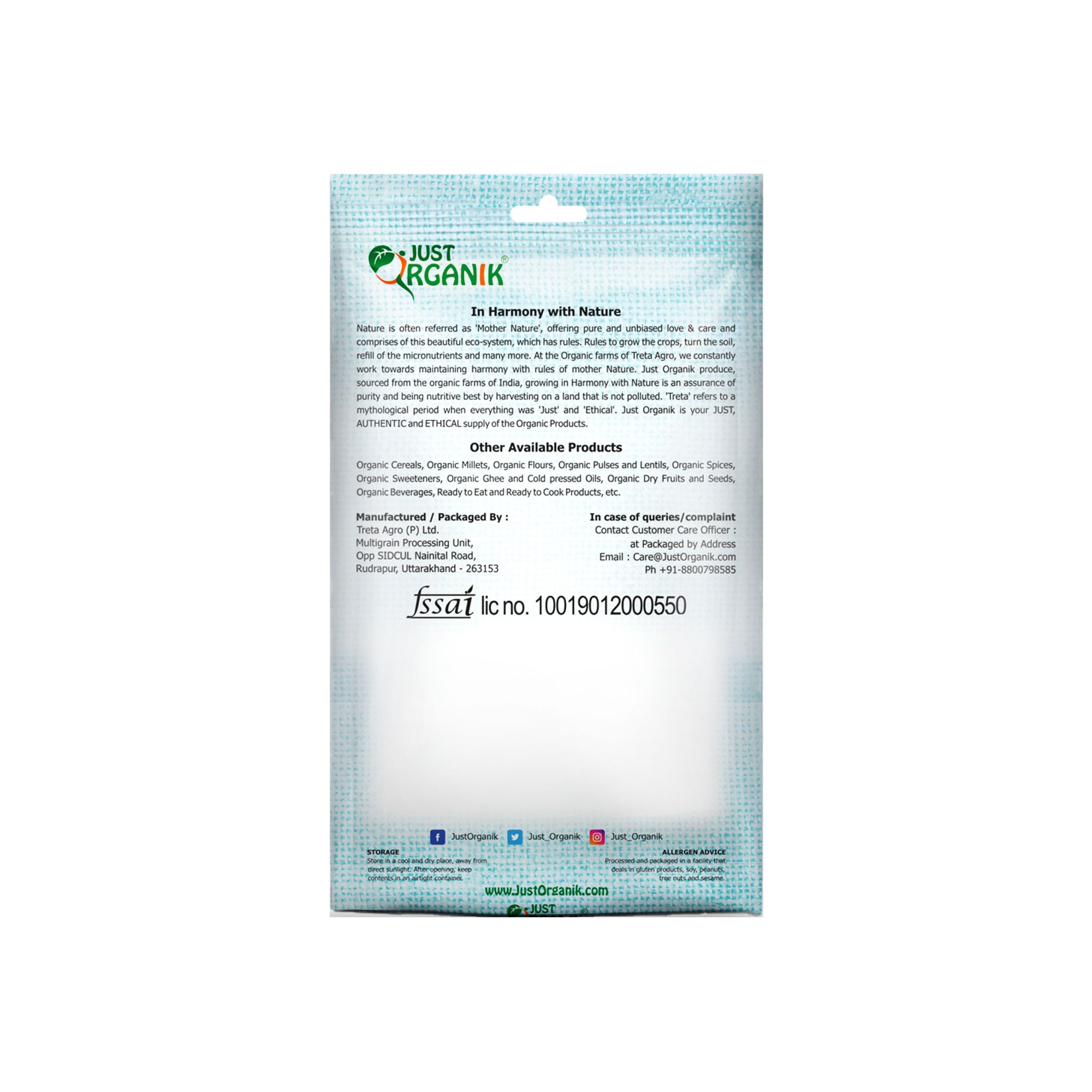 Just Organik Coriander (Dhania) Whole 250gm, 100% Organic
