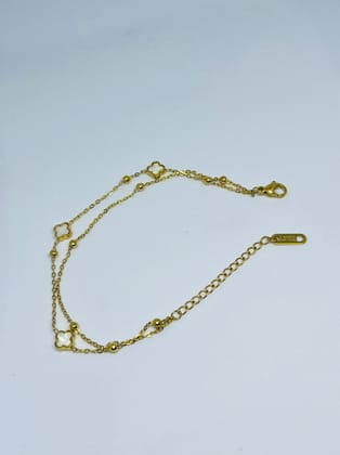 Gold Clover & Bead Stainless Steel Double Chain Bracelet