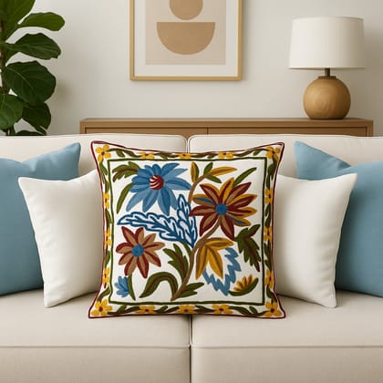 Hand-Embroidered Floral Decorative White Throw Pillow Cushion