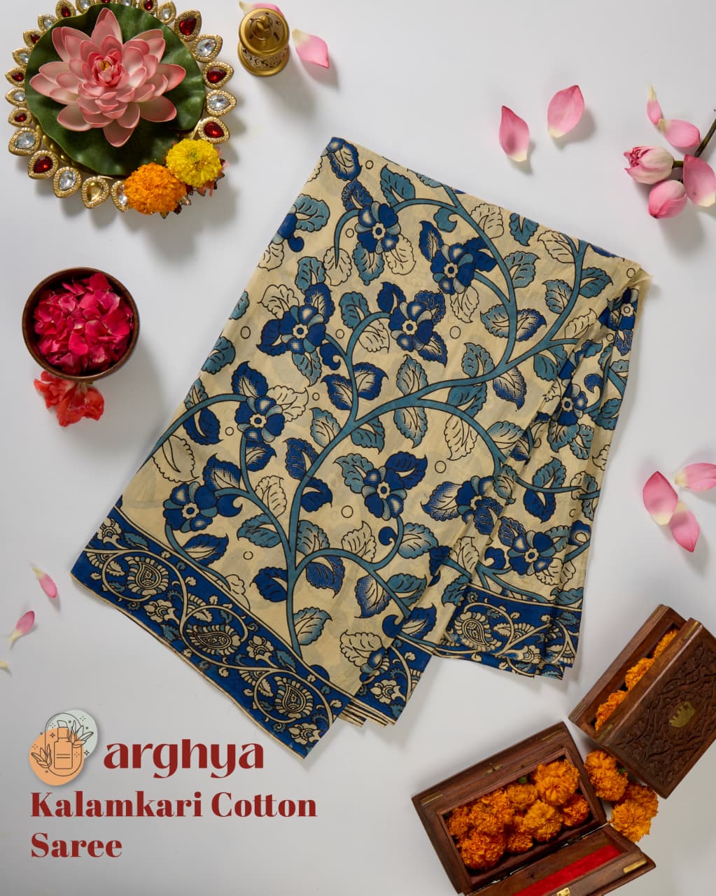 Arghya Kalamkari Cotton Saree with Blue Floral Print for Women
