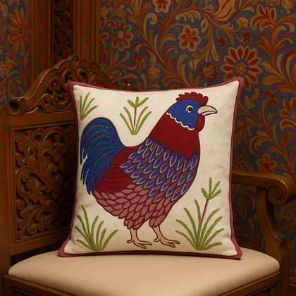 Embroidered Rooster Design Decorative Cushion Cover - Beige