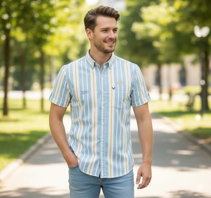 Men's Striped Short Sleeve Casual Cotton Shirt