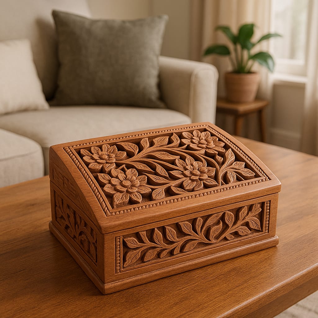 Hand-Carved Wooden Decorative Storage Box with Floral Design