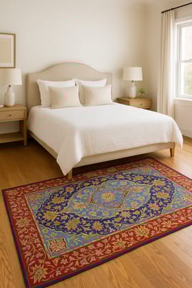 Traditional Persian Style Red and Blue Floral Area Rug