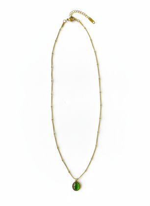 Elegant Gold Toned Beaded Chain Necklace with Oval Green Stone Pendant