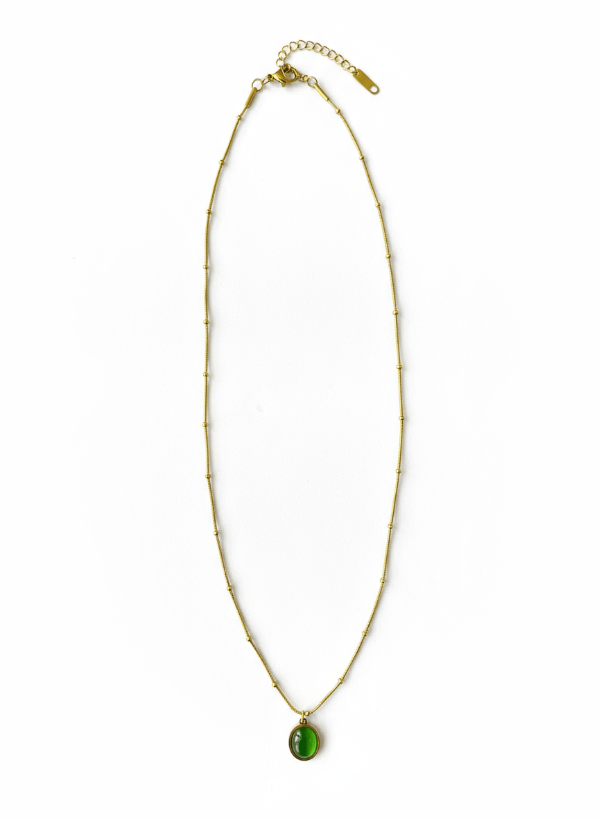 Elegant Gold Toned Beaded Chain Necklace with Oval Green Stone Pendant