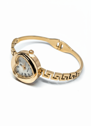 Elegant Gold Tone Heart Dial Bangle Watch for Women with Roman Numerals