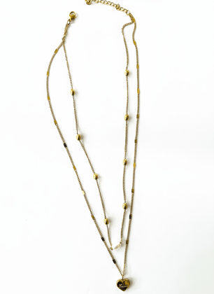 Elegant Gold Plated Layered Necklace with Heart Pendant & Bead Accents