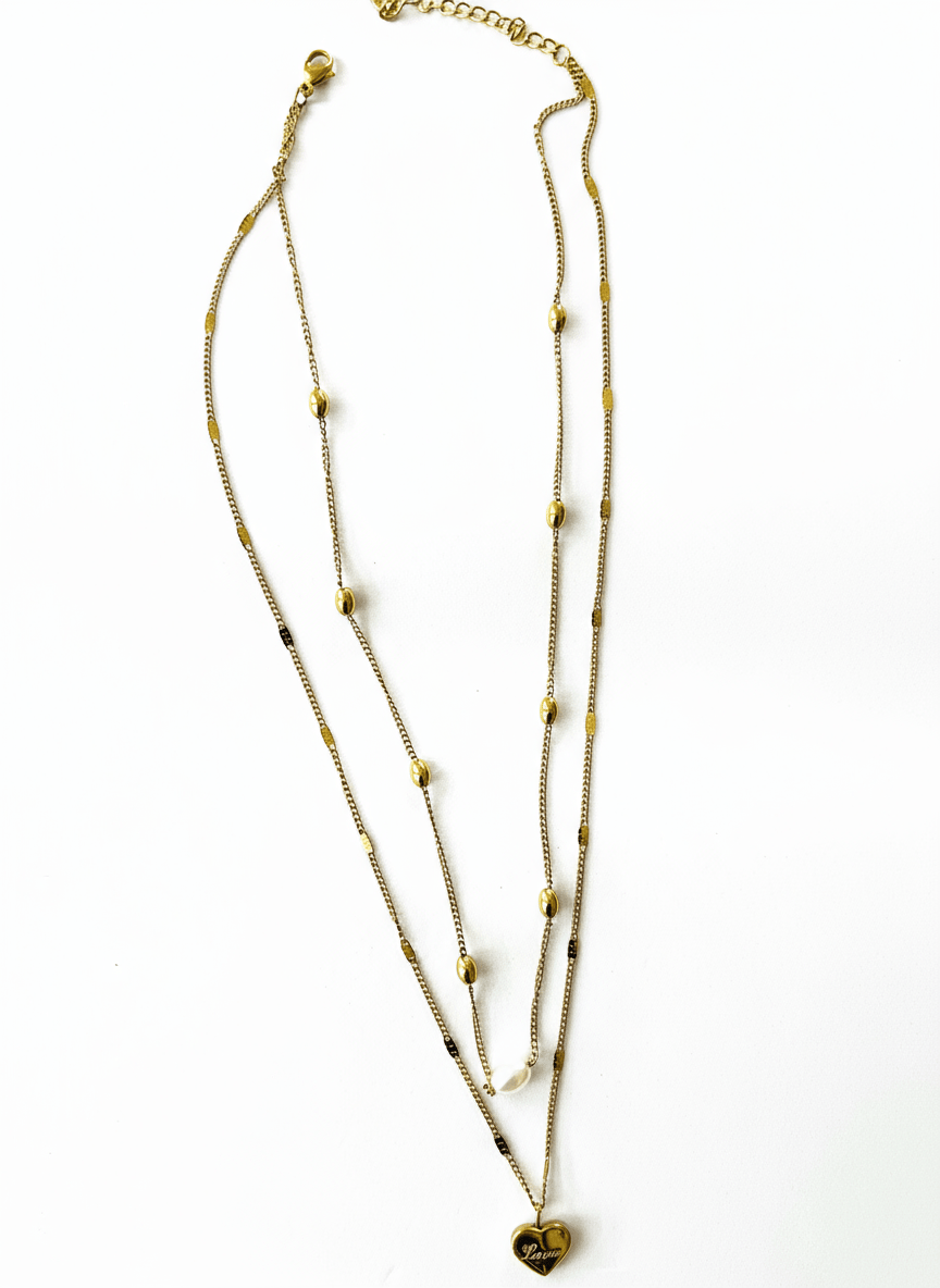 Elegant Gold Plated Layered Necklace with Heart Pendant & Bead Accents