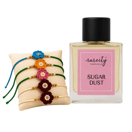 Rareity Sugar Dust Eau De Parfum with Handmade 2 Rakhi Gift Combo | Premium Raksha Bandhan Gift Set for Brother & Sister | Long Lasting Perfume | Ready-to-Gift Box
