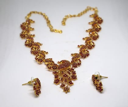 Traditional Gold-Plated Red Stone Peacock Necklace Set with Earrings
