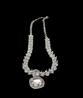 Elegant Silver Plated AD Stone Necklace Earrings Maang Tikka Set for Women - Jewellery Sets | Buy online on ZillyBuy