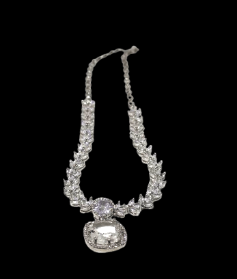 Elegant Silver Plated AD Stone Necklace Earrings Maang Tikka Set for Women Elegant Silver Plated AD Stone Necklace Earrings Maang Tikka Set for Women