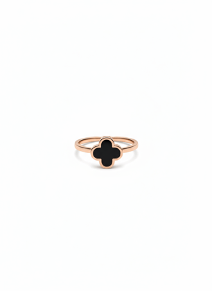 Elegant Rose Gold Clover Ring with Black Enamel Design