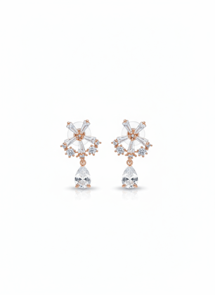 Rose Gold-Plated Cubic Zirconia Floral & Teardrop Dangle Earrings