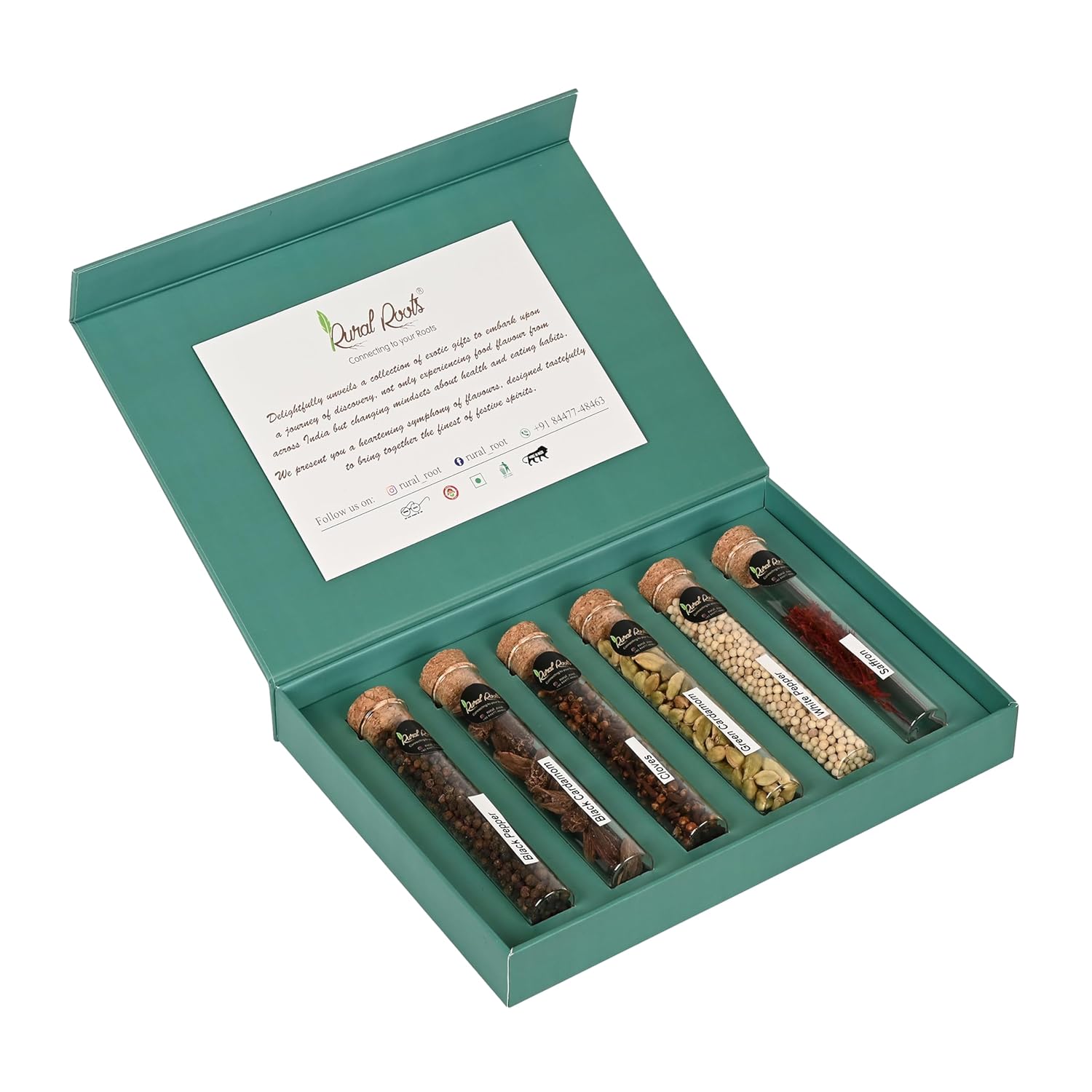 Rural Roots Zaika Sutra Diwali Gift Hamper | Spices Gift Box with 6 Test Tubes (Black Cardamom, Green Cardamom, Cloves, Black Pepper, White Pepper, Laung) | Festive Deepawali & Corporate Gifting | Masala Set