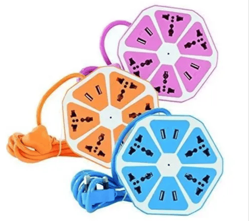 Hexagon Electrical Extension Cord Power Socket with 4 USB Port for Mobile with 2 Meter Cable Wire 4 Socket Surge Protector Extension Board (Pack of 1)