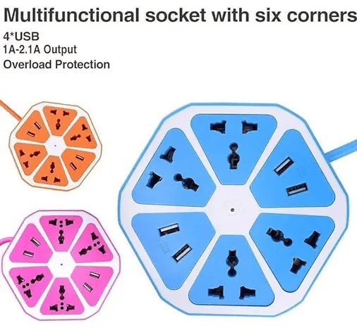 Hexagon Electrical Extension Cord Power Socket with 4 USB Port for Mobile with 2 Meter Cable Wire 4 Socket Surge Protector Extension Board (Pack of 1)