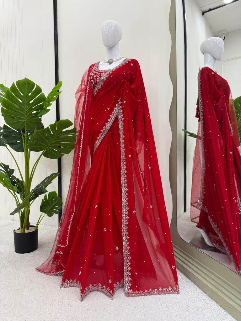Red Karva Chauth Georgette Saree For Women Indian Wedding Saree With Blouse And Dupatta Party Wear Traditional Designer Readymade Bridal