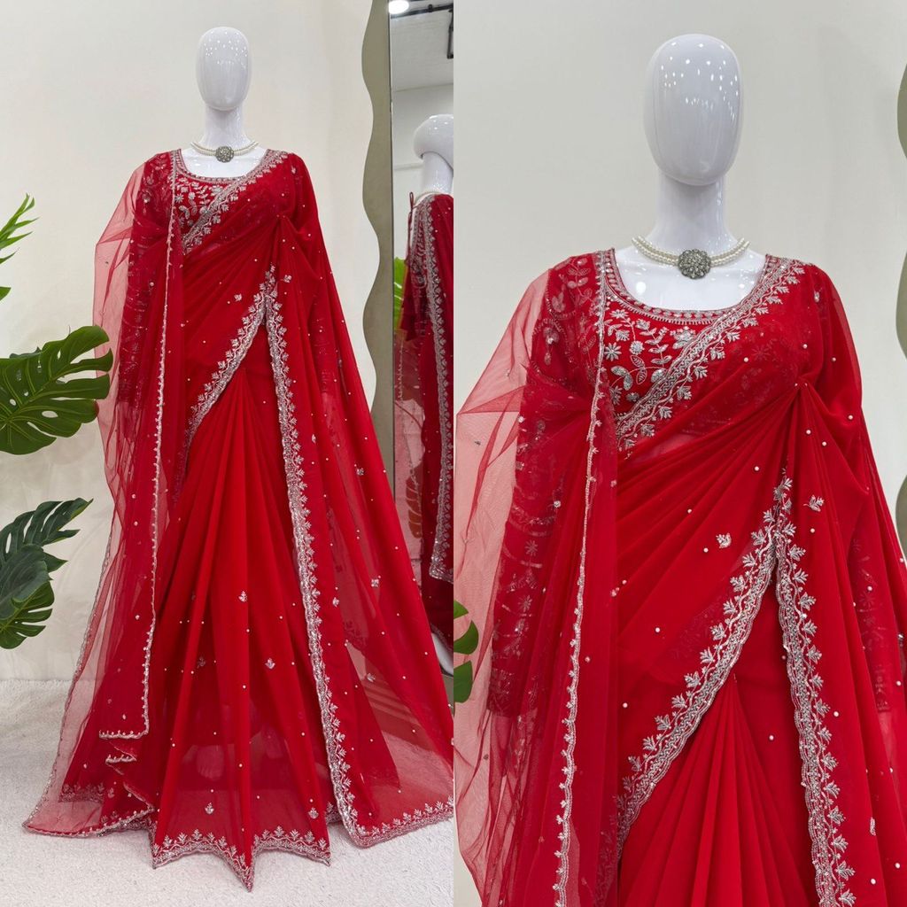 Red Karva Chauth Georgette Saree For Women Indian Wedding Saree With Blouse And Dupatta Party Wear Traditional Designer Readymade Bridal